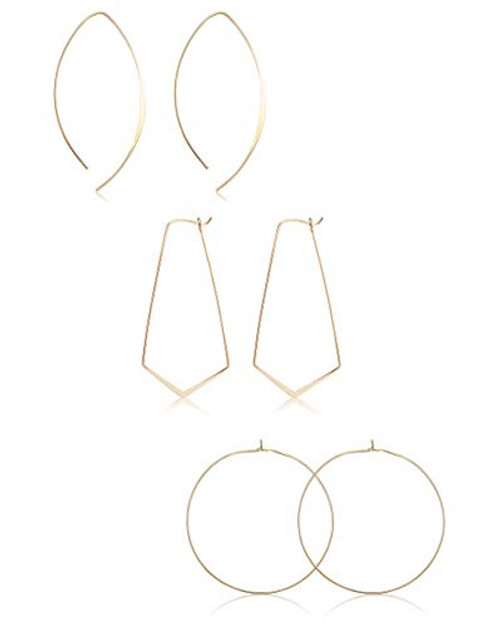 Milacolato 3Pairs Sterling Silver Thin Hoop Earrings Upside Down Geometric Hoop Threader Earrings Lightweight Loop Drop Dangle Hoop Earrings Set