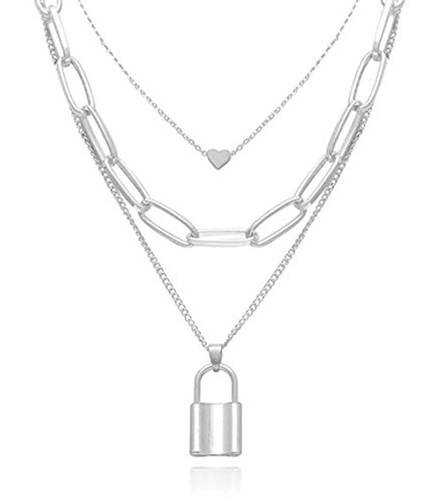 Punk Gold Layered Lock Necklace for Women 14K Gold Plated Paperclip Chain Link Necklace Padlock Pendent Necklace for Girls Punk Chunky Jewelry -Silver- Punk Gold Layered Lock Necklace for Women 14K Gold Plated Paperclip Chain Link Necklace Padlock Pendent Necklace for Girls Punk Chunky Jewelry -Silver-