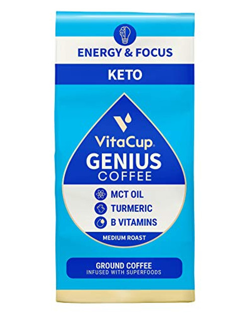 VitaCup Genius Keto Ground Coffee with MCT Oil Turmeric  and  Vitamins B1 B5 B6 B9 B12 D3 for Energy  and  Focus Drip Coffee Brewers and French Press 10 Ounces