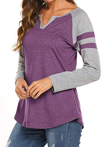 Locryz Women's Casual Striped Patchwork Tee Shirt Long Raglan Sleeve Blouse Tops S Purple