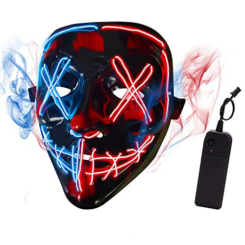 Depointer Halloween Scary Mask Cosplay Led Costume Mask EL Wire Light up Halloween Festival PartyBlue-Red