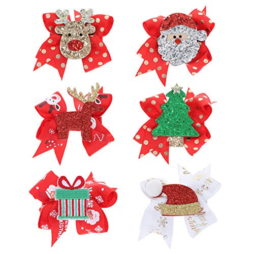 Adasea 6 PCS Christmas Bow Hair Clips Christmas Sequins Bowknot Barrettes Girls Alligator Hair Clips Cute Xmas Santa Elk Element Bows Hair Barrettes for Baby Toddlers Kids Boutique Hair Accessories