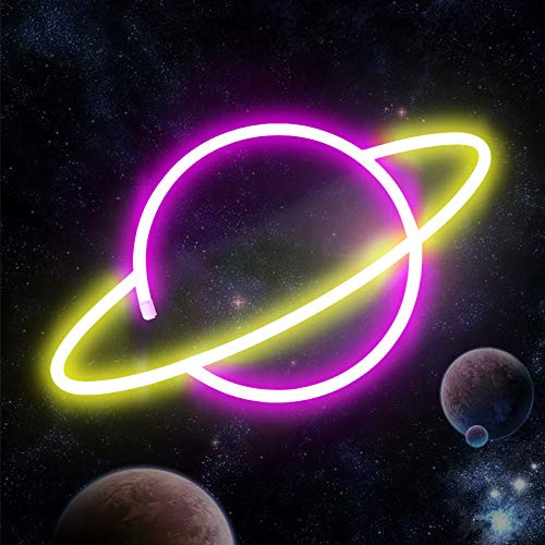 Planet Neon Signs Neon Lights Led Signs Battery or USB Operated Planet Lamp Light up for Decor Home Kids Room Bar Festive Party Christmas Wedding -Pink Yellow-