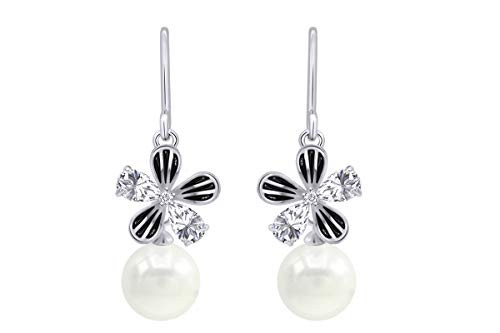 Enamel Flower Shell Pearl 8mm Drop Dangle Earrings 14K White Gold Plated 925 Sterling Silver