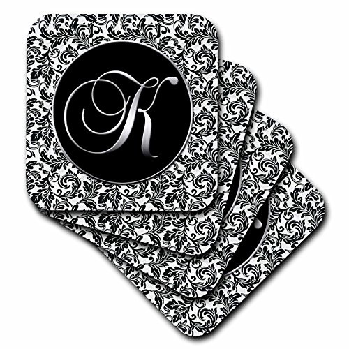 3dRose CST_38760_3 Letter K Black and White Damask Ceramic Tile Coasters Set of 4