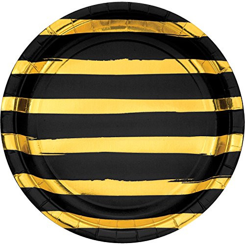 Black and Gold Foil Striped Paper Plates 24 ct