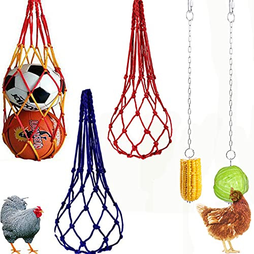 5 Pcs Chicken Feeder Kits 3 Pcs Chicken Vegetable String Bag and 2 Pcs Hanging Chicken Feeder Holder Toy Chicken Veggies skewers Fruit Holder Hanging Feeder for Hens Chicken Coop Toy