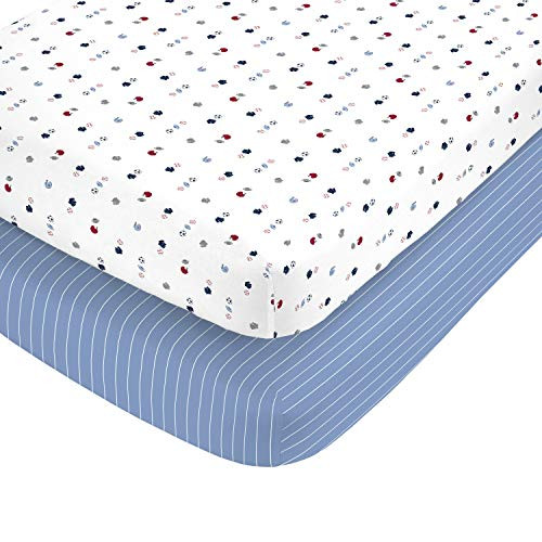 Carter's 100% Cotton Sateen 2 Piece Fitted Crib Sheets, Sports and Blue with White Stripe, Navy/Red/Blue/White