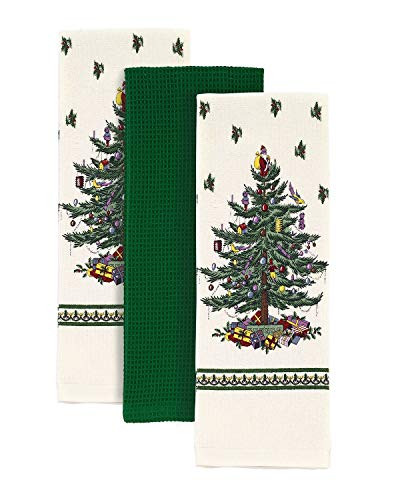Avanti Linens Spode Tree Green Set of 3 Kitchen Towels Ivory