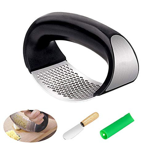 Garlic Press Rocker Stainless Steel Garlic Mincer Crusher Silicone Garlic Peeler Professional Garlic Crusher Garlic Pounding Tool- Silicone Roller Peeler and Cleaning Brush Garlic Peeler Set -Black-