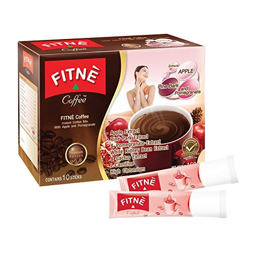 FITNE Premium Instant Coffee Mix With Apple Pomegranate Pine Bark White Kidney Bean Cactus Extract High Antioxidant Carb Fat Burning No Sugar Sucralose Sweetener 10 Sticks