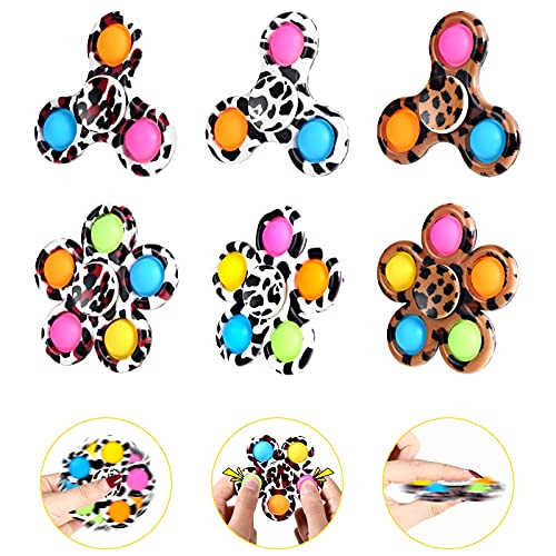 Gigilli Fidget Spinner Toys Pop 6 Pcs Stress Relief Simple Popper Finger Spinner Pack ADHD Push Pop-Bubble Fidget Sensory Toy Anti Anxiety Autism for Kids -Leopard Multi-Leaf-