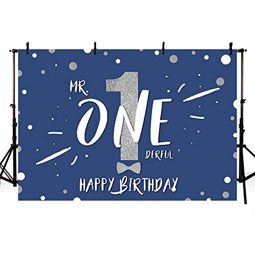 MEHOFOND Blue Mr Onederful Backdrop Happy 1st Birthday Party Decoration Backdrop for Boy One Year Old Blue Sliver Tie Photography Background Banner Cake Table Studio Photo Props Vinyl 7x5ft