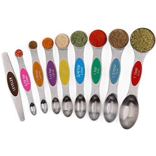 Magnetic Measuring Spoons Sets of 9 Anyee Stainless Steel Dual Sided Stackable Teaspoon Tablespoon Spoons for Measuring Dry and Liquid Ingredients