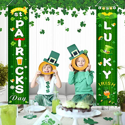 St. Patrick's Day Porch Sign - 2 PCS St. Patrick's Day Decoration for Front Door Indoor Outdoor Home Wall - Lucky Irish Happy St. Patrick's Day Door Banner Party Accessory