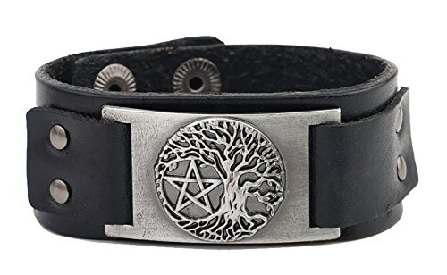 Dawapara Vintage Tree of Life Yggdrasil Pentagram Metal Craft Connector Cuff Leather Bracelet Men Jewelry -Antique Silver Black Wristband- Dawapara Vintage Tree of Life Yggdrasil Pentagram Metal Craft Connector Cuff Leather Bracelet Men Jewelry -Antique Silver Black Wristband-