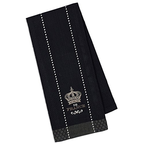 DII Design Imports Kitchen Towel Hanging Loop Classy Black Dishtowel with Embroidered Crown De France. 18 X 28". 100 percent Cotton. Machine Wash