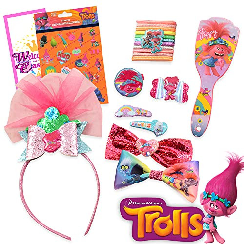 DreamWorks Trolls Hair Accessories Bundle ~ 20 Pc Trolls Hair Set Including Trolls Hair Bows Hair Clips Hair Brush Stickers and More! -Trolls Beauty Set-