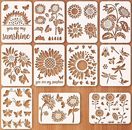 11 Pieces Sunflower Painting Stencils Kit Butterflies Bee Reusable Mylar Template Stencils You are My Sunshine Plastic Stencil for Painting on Wood Wall Home Decor DIY Crafts