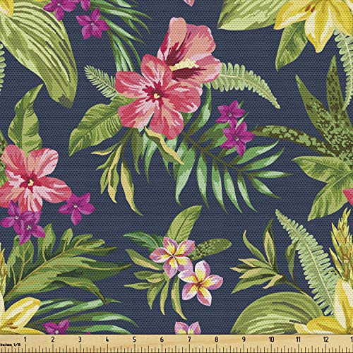 Ambesonne Luau Fabric by The Yard Blooming Jungle Setting with Watercolor Effect Hawaiian Flowers Decorative Fabric for Upholstery and Home Accents 1 Yard Green Pink