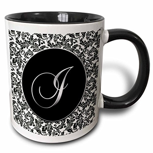 3dRose mug_38758_4"Letter I - Black and White Damask" Two Tone Black Mug 11 oz Multicolor