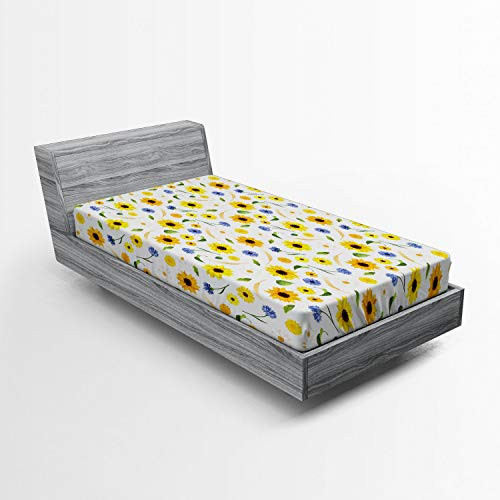 Ambesonne Yellow and White Fitted Sheet Botanical Arrangement of Summer Flowers Wheat Daisy Blossoming Nature Soft Decorative Fabric Bedding All-Round Elastic Pocket Twin Size Yellow Mustard