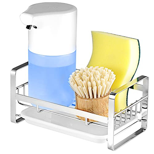 Sink Caddy Kitchen Sink Organizer304 Stainless Steel Adhesive Sponge Holder Sink Caddy Kitchen Soap Caddy with Removable Tray -Silver-