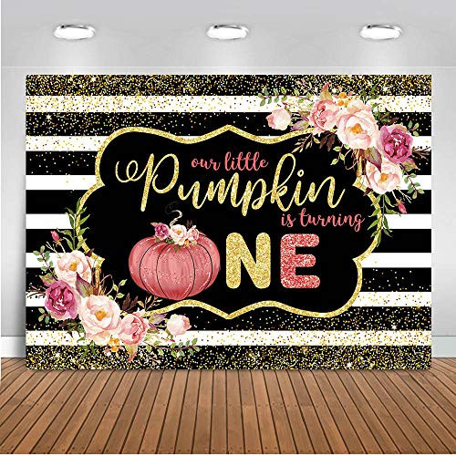 Mocsicka Pumpkin Birthday Backdrop 7x5ft Fall Happy 1st Birthday Photography Background for Girl Thanksgiving Gold Glitter First Birthday Party Cake Table Banner