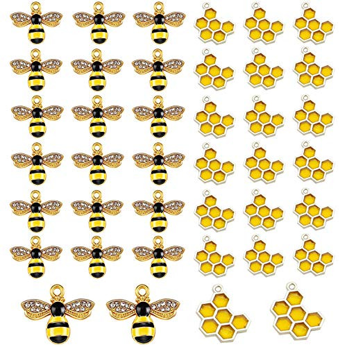 40 Pcs Bee Charms for Jewelry Making Pendants Charms with Rhinestone Alloy Enamel Honeybee Charms Honeycomb Charms Pendants for Jewelry Making DIY Craft Earring Necklace Bracelet-20 plus20pcs-
