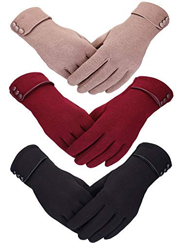 Patelai 3 Pairs Women Winter Gloves Warm Touchscreen Gloves Windproof Gloves for Women Girls Winter Using -Black Wine Red Khaki-