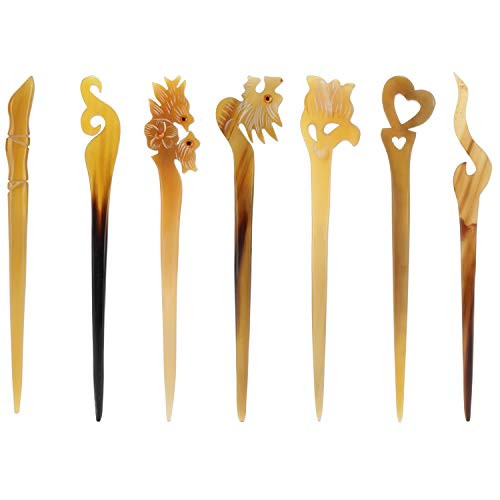 7 Pack Ancient Chopsticks Hair Sticks Pins Picks Horn Handmade Carved Long Fork Pen Hairpins Clips Barrettes for Bun Chignon Decorative Hair Accessories