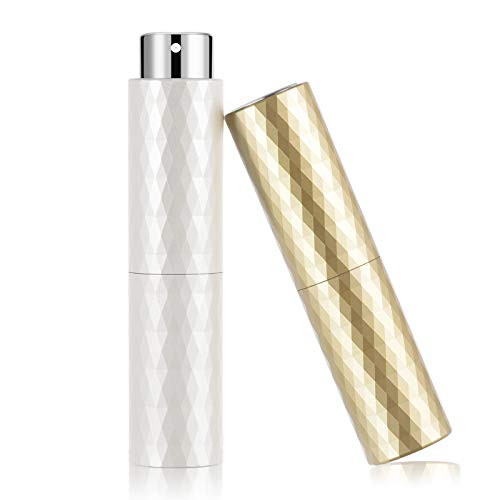 Leplatom Perfume Atomizer 8ml Portable -2pcs- Rotary Fine Mist Sprayer Mini Empty Spray Bottle Refillable Travel bottles With Funnel and Distributor -White  and  Golden-