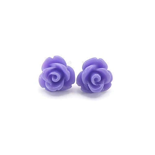 9mm Small Rose Studs Hypoallergenic Plastic Post Earrings Metal Sensitive Ears -Purple-