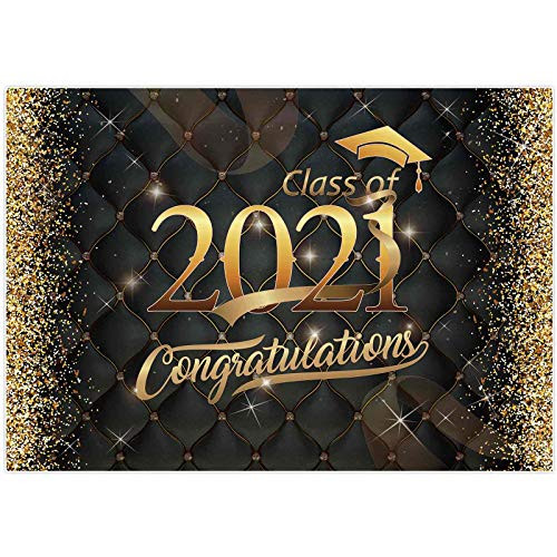 Allenjoy 7x5ft Graduation Party Backdrop Class of 2021 Black and Gold Glitter Bachelor Cap Ribbon Photography Background Congrats Grad Prom Decoration Photo Booth Props Cake Table Banner