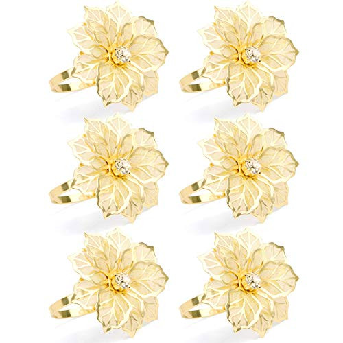 Napkin Rings Alloy Napkin Rings with Hollow Out Flower Ring Napkin Holder Adornment Household Floral Napkins Rings Set for Wedding Party Holiday Banquet Christmas Table Setting -6 Pack Gold-