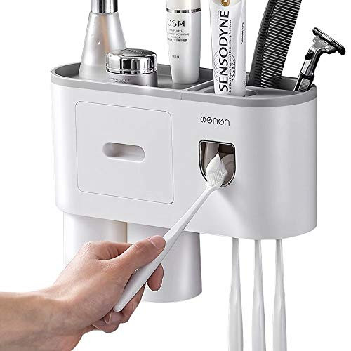 Samhe Toothbrush Holder with Toothpaste Dispenser and 2 Magnetic Cups Wall Mounted Space Saving Bathroom Organizer for Toothbrush Toothpaste