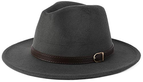 Besoogii Classic Wide Brim Women Men Fedora Hat with Belt Buckle Felt Panama Hat -e Gray-