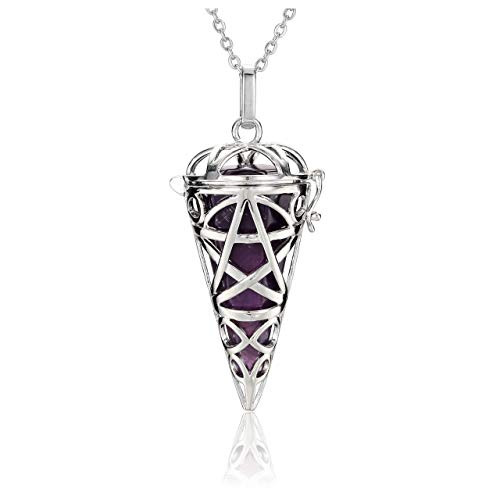 PESOENTH Reiki Healing Amethyst Crystal Stone Necklace Hexagonal Prism Pointed Purple Gemstone Pendulum Dowsing Divination Quartz Silver Locket Pendant 24" Chain