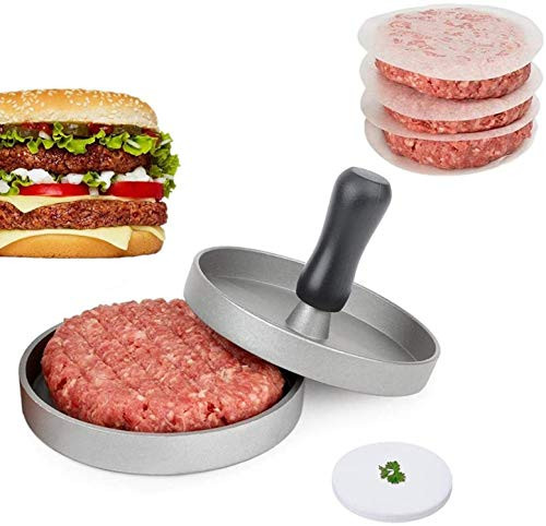 Burger Press with 100 Wax Papers Aluminum Non-Stick BBQ Patty Mold Meat Beef Veggie Hamburger Press Patty Maker