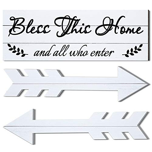 Jetec 3 Pieces Rustic Wooden Signs Bless This Home Wooden Family Quotes Signs Rustic Wood Arrows Signs Decoration Farmhouse Sign for Bedroom Living Room Home Wall Decor 13.8 x 4.7 Inch