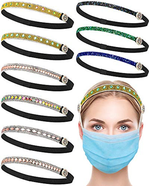 9 Pieces Headbands with Buttons Skinny Glitter Hairband Beaded Elastic Headband Ear Protection Holder Headband Non-Slip Stretchy Hair Band with Button for Sports Yoga Workout -Stylish Patterns-