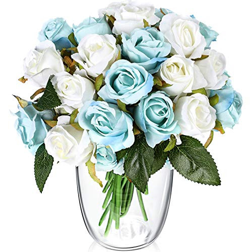 24 Pieces Artificial Rose Flowers Fake Silk Rose Flower with Leaves and Stems Real Looking Roses Fake Rose DIY Bouquets for Wedding Bridal Shower Centerpieces Party Home Decor -White and Blue- 24 Pieces Artificial Rose Flowers Fake Silk Rose Flower with Leaves and Stems Real Looking Roses Fake Rose DIY Bouquets for Wedding Bridal Shower Centerpieces Party Home Decor -White and Blue-