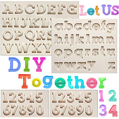 4 Pieces Letters Molds and Numbers Molds Silicone Fondant Molds Chocolate Molds Lowercase Uppercase 0 - 9 Number Handmade Soap Molds Ice Cube Tray Silicone Molds for Baking Desserts