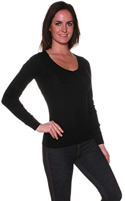 Active Basic Women's Plain Basic V Neck Thermal Long Sleeves T Shirt - Black M