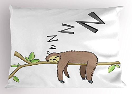 Ambesonne Sloth Pillow Sham, Arboreal Mammal Sleeping on Branch in Forest Lazy Mood Resting Relaxing Theme, Decorative Standard Size Printed Pillowcase, 26 X 20 Inches, Grey Green Brown