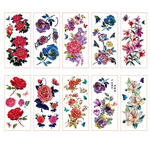 TAFLY 10 Sheets Large Temporary Tattoos Peony Flower Sexy Body Tattoo Sticker for Women  and  Girl Fake Tattoo