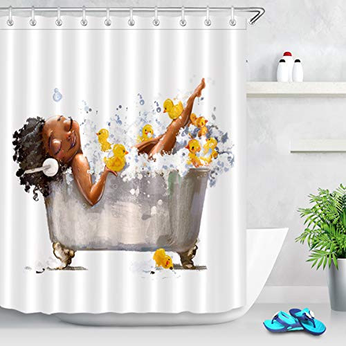LB Afro Lady Shower Curtain African American Sexy Black Woman Lying on The Bathtub with Yellow Ducks Bubble Shower Curtain 60x72 Inch Waterproof Fabric with 10 Hooks LB Afro Lady Shower Curtain African American Sexy Black Woman Lying on The Bathtub with Yellow Ducks Bubble Shower Curtain 60x72 Inch Waterproof Fabric with 10 Hooks