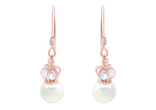 Cubic Zirconia Simulated Freshwater Culture Pearl 9mm Crown Drop Earrings 14K Rose Gold Plated 925 Sterling Silver