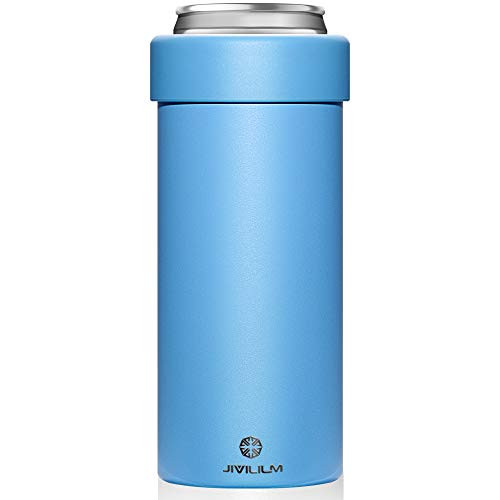 JIVILILM Vacuum Insulated Can Cooler for 12 OZ Slim Cans Double Walled Stainless Steel Beer-Soda-Beverage-Energy Drinks Skinny Cans Keeper-Sky Blue-