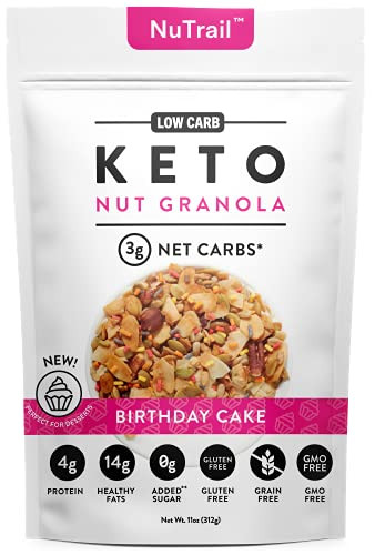 NuTrail - Keto Birthday Cake Nut Granola Healthy Breakfast Low Carb Cereal Snacks  and  Food - Only 2g Net Carbs - No Added Sugar - Grain Free - Gluten Free -11 oz-